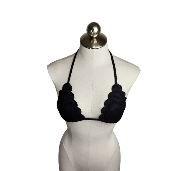 Aerie Waffle Scalloped String Triangle Bikini Swim Top Womens XS Black - Picture 1 of 8